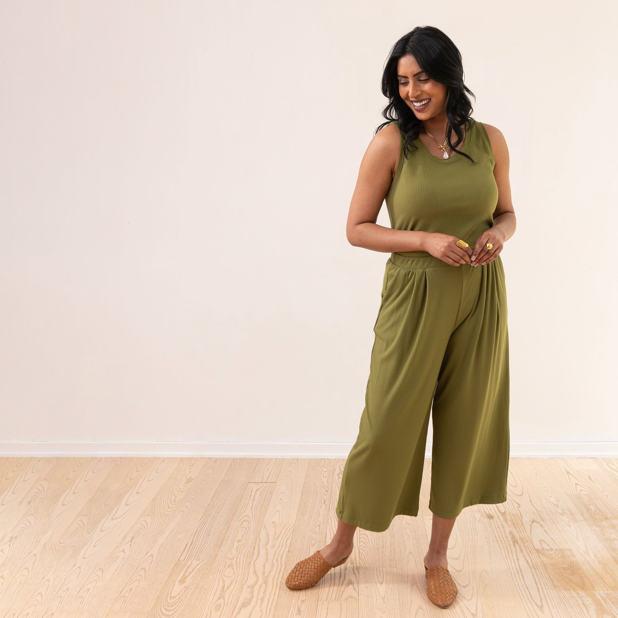 wide leg cropped olive pants, ankle length culottes, classic ivory ribbed  light sweater with button shoulder detail, ti…