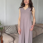 Woman in a reversible rib knit dress made from Bamboo