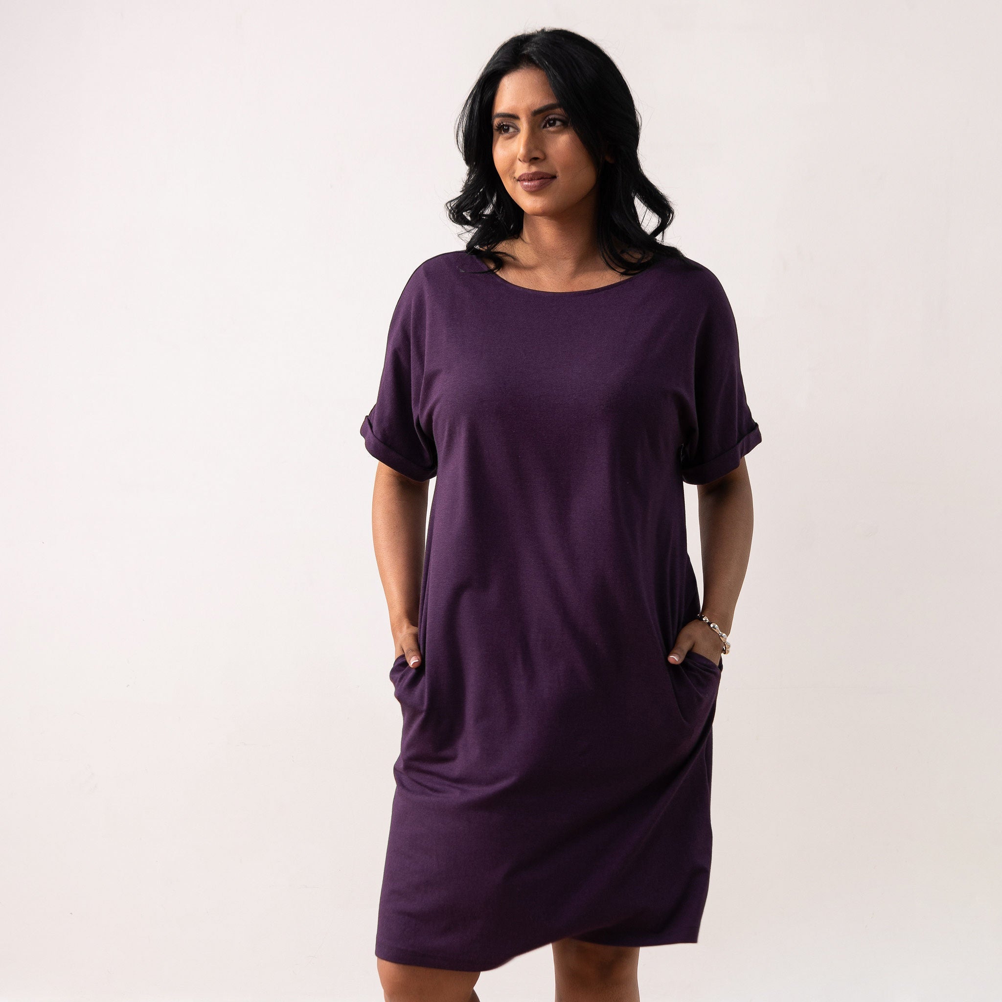 purple t-shirt dress